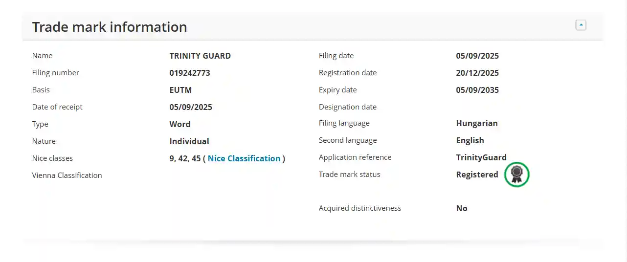 Detalhes do registro de marca EUIPO — Trinity Guard®