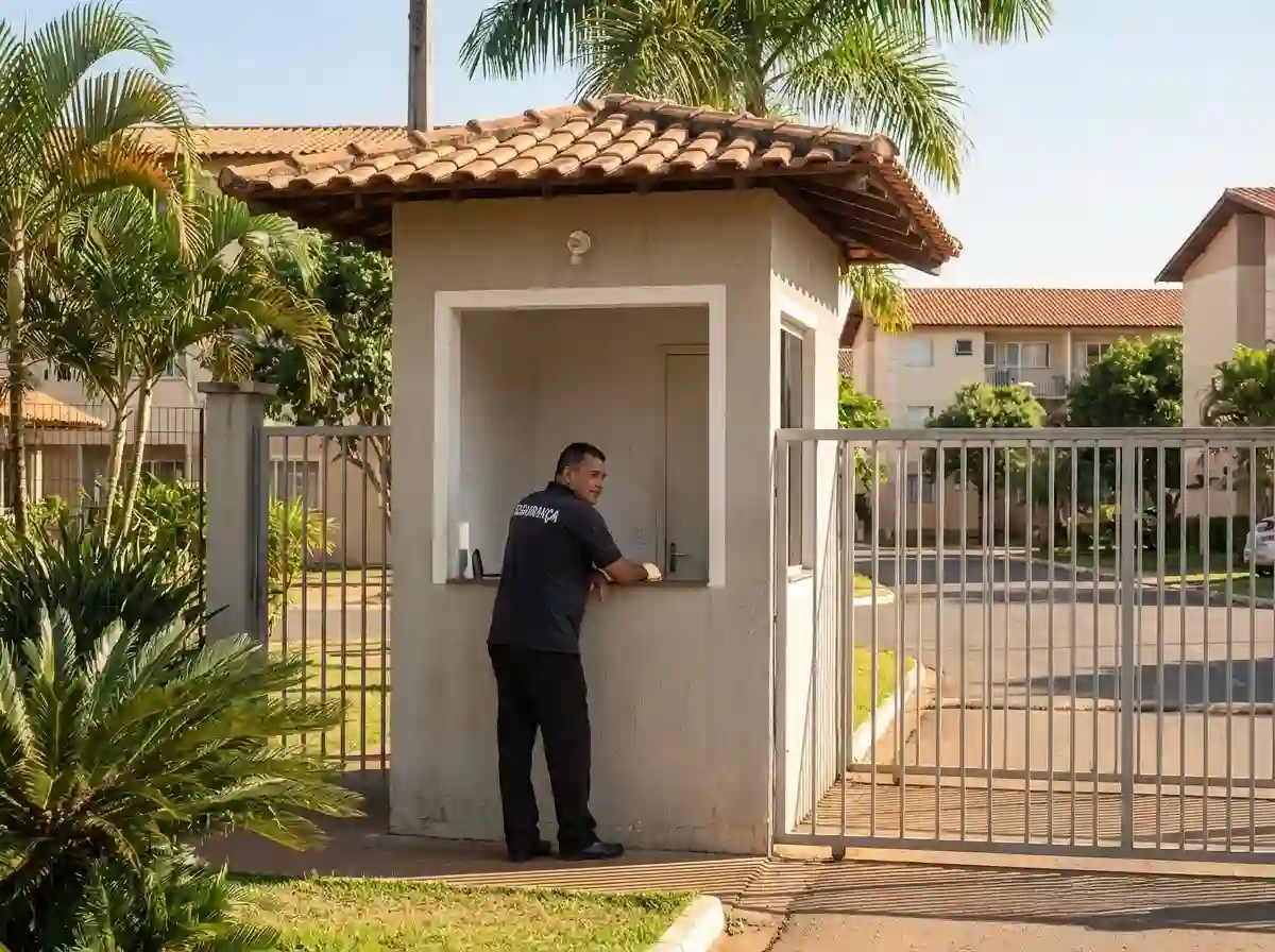 Vigilante na portaria do condomínio registrando a ronda perimetral com controle de rondas por GPS