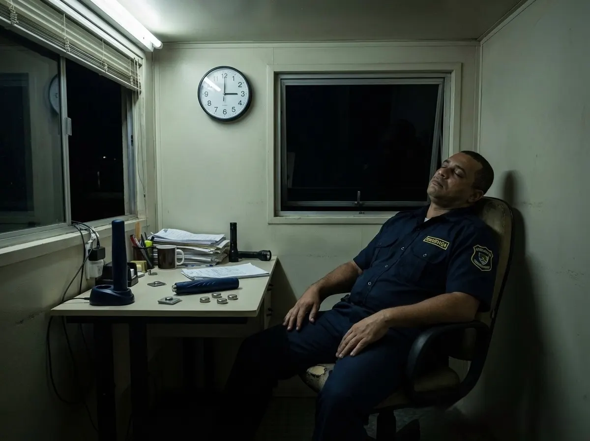 Vigilante cansado com bastão de ronda antigo em guarita noturna