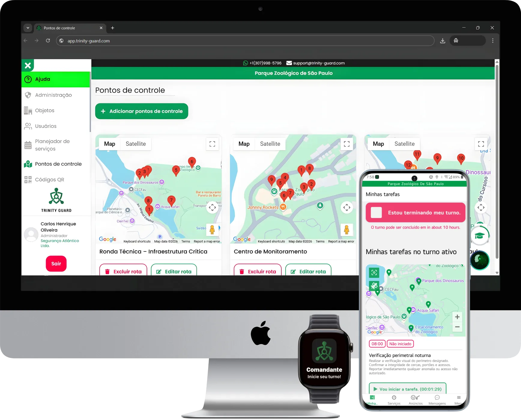 Controle de Rondas — painéis de monitoramento e app do vigilante