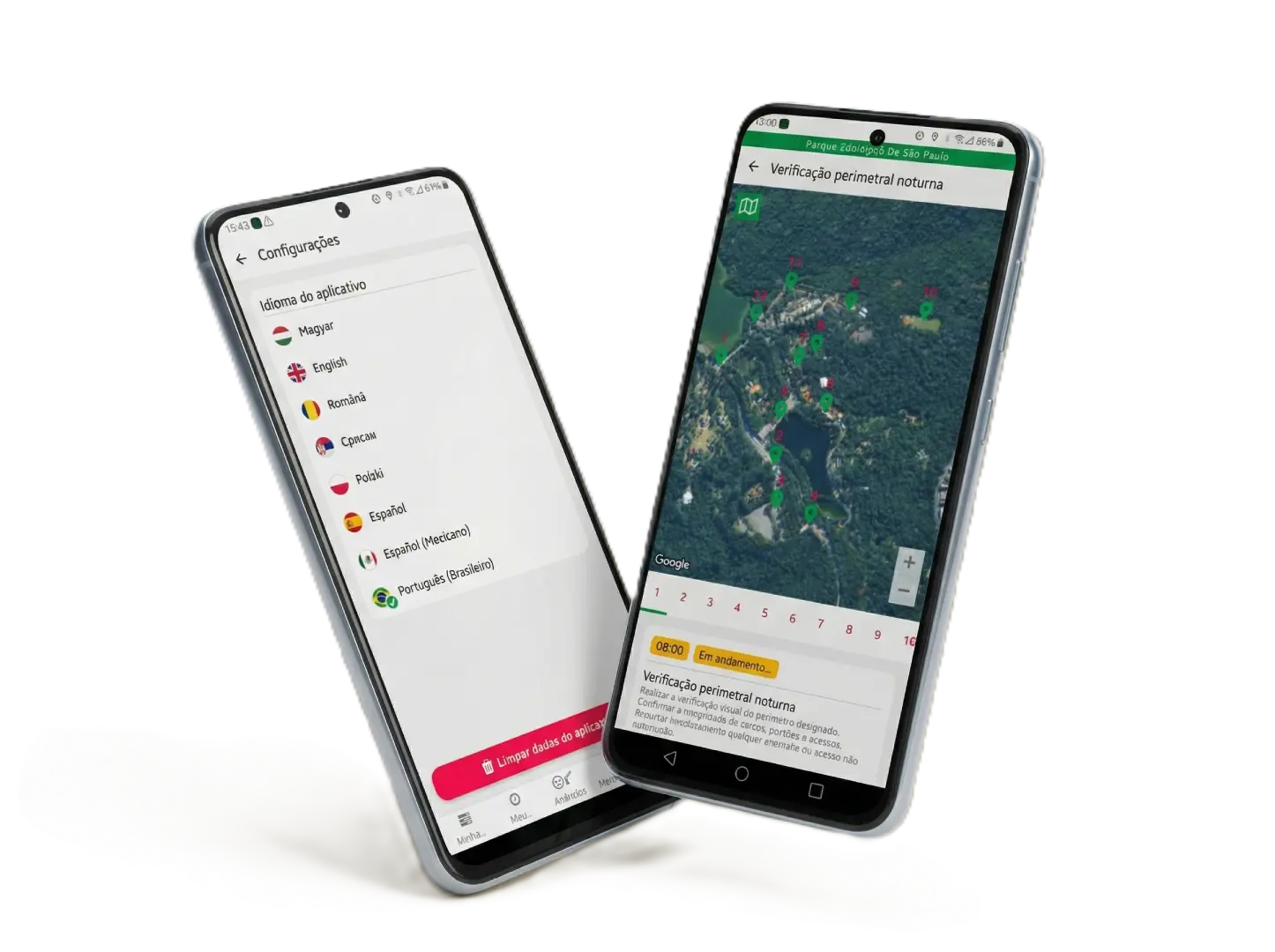 Celular mostrando aplicativo de ronda com mapa GPS e leitura de QR Code