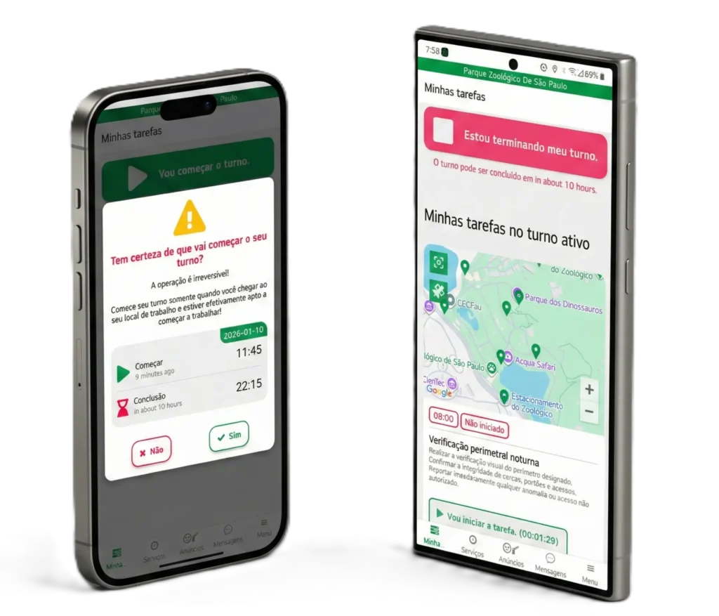 Renderização 3D do app Trinity Guard em iPhone e Samsung Galaxy. A tela do iPhone (esquerda) mostra a confirmação de início de turno, e a do Samsung (direita) exibe o mapa de ronda GPS no Parque Zoológico de São Paulo.