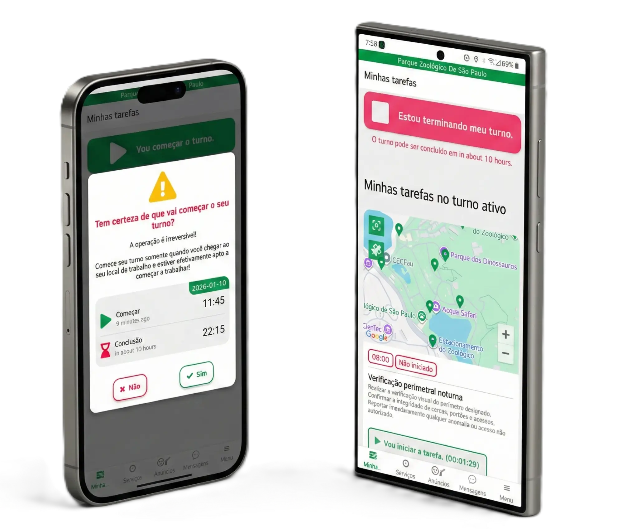 Mockup 3D do app de ronda no Android e no iPhone com mapa GPS em São Paulo (Brasil, 2026).