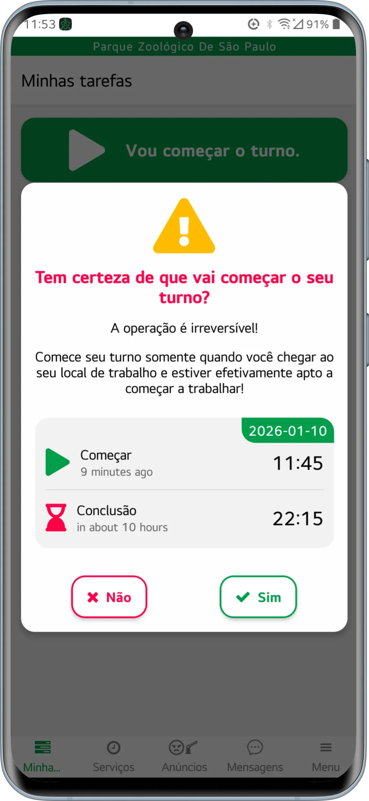 Aplicativo de controle de rondas no smartphone — início de turno