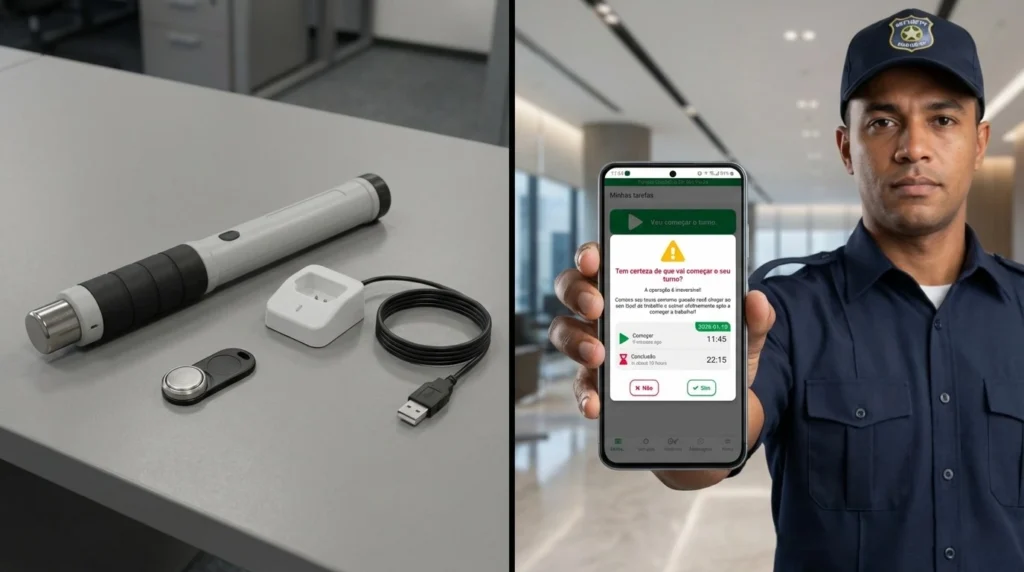 Comparação entre bastão de ronda RFID tradicional e sistema digital móvel Trinity Guard® no Brasil, mostrando a transição do hardware dedicado para gestão de rondas em tempo real via smartphone.