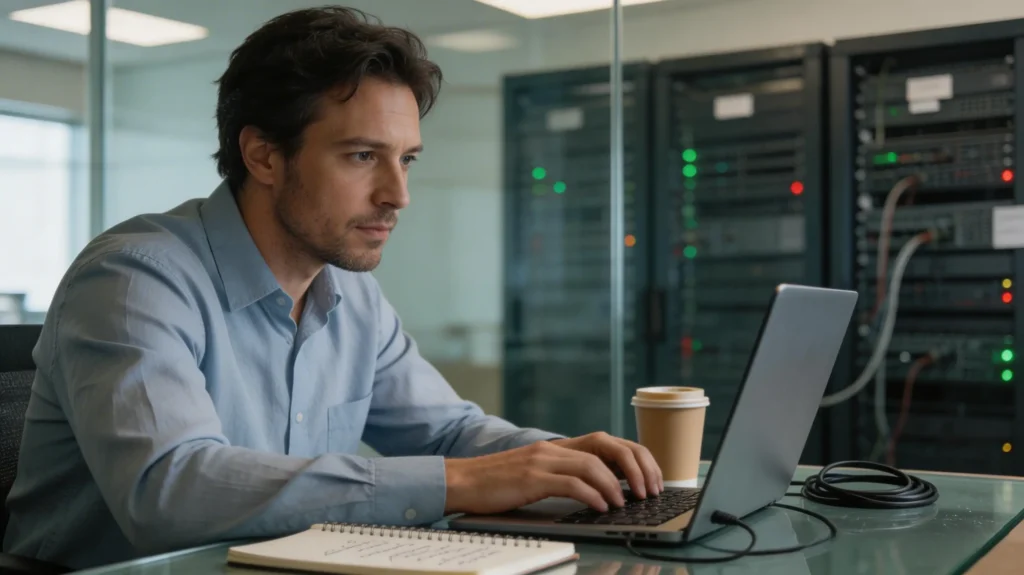 Engenheiro de infraestrutura configurando implantação dedicada de sistema de controle de rondas em ambiente corporativo com servidores empresariais