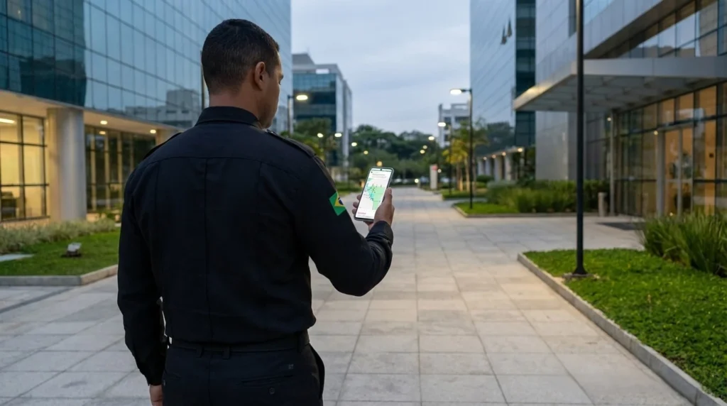 Vigilante em ronda utilizando smartphone com mapa de checkpoints para controle de rondas com GPS em tempo real