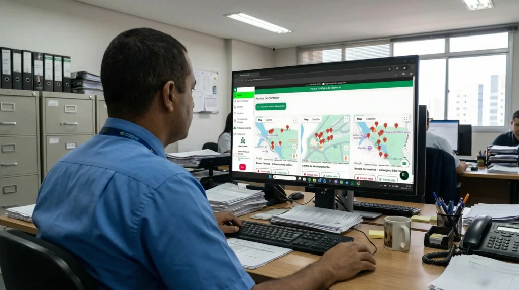 Supervisor de segurança monitorando rondas em tempo real com sistema de controle de rondas digital, visualizando mapa com pontos de verificação e progresso das patrulhas em dashboard profissional