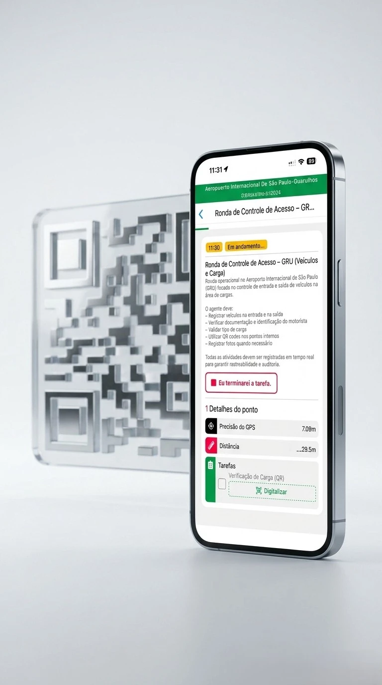 Aplicativo de controle de rondas com QR code em 3D mostrando verificação operacional em tempo real no aeroporto