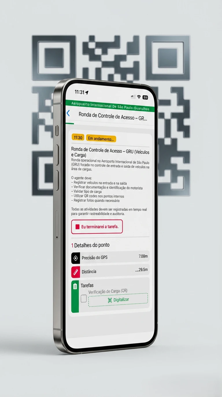 Aplicativo de controle de rondas com QR code em perspectiva 3D com fundo de QR code para controle operacional
