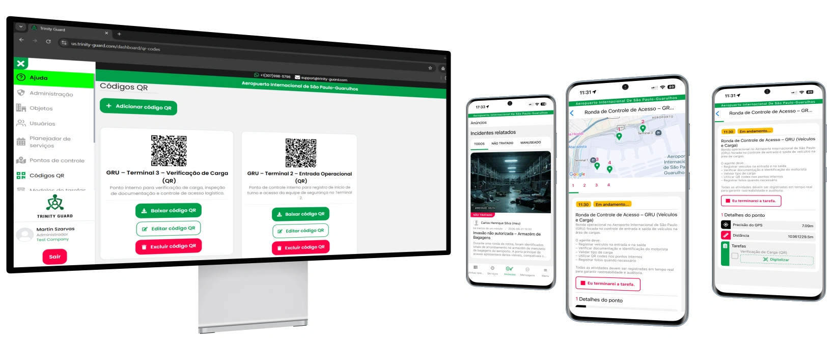 Sistema de controle de rondas com QR code exibido em monitor e aplicativo móvel mostrando verificação de carga, incidentes e rastreamento em tempo real no aeroporto