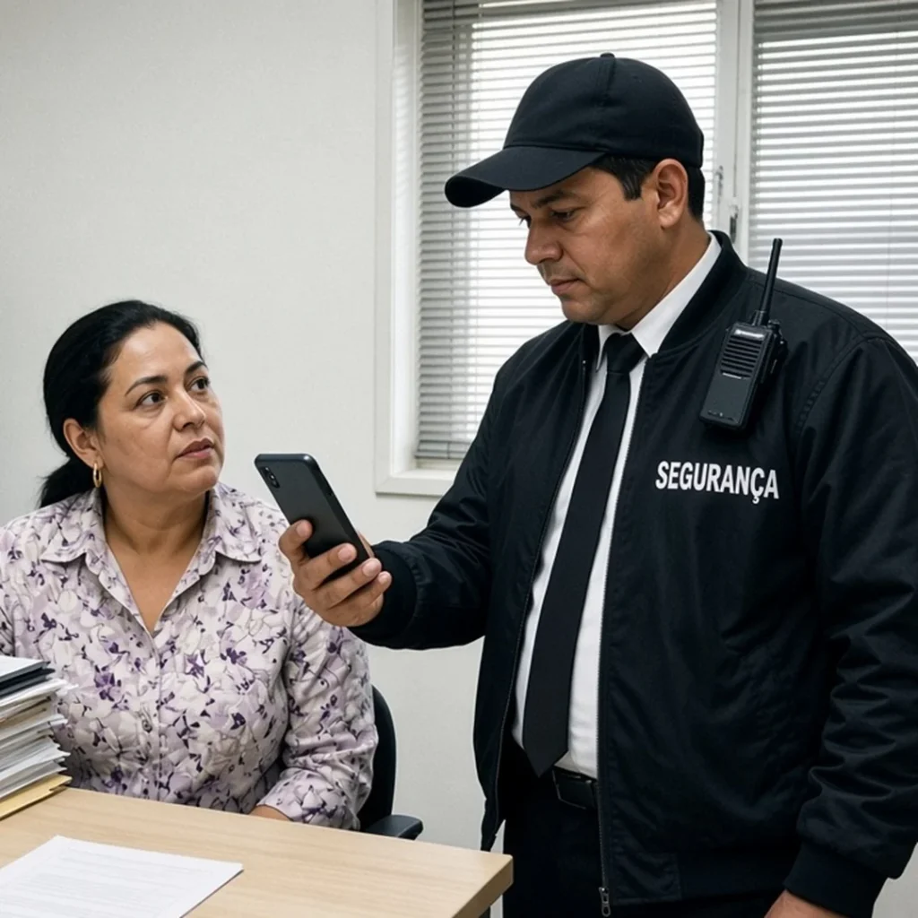 Vigilante mostrando o celular à sócia de uma nova empresa de segurança privada no escritório