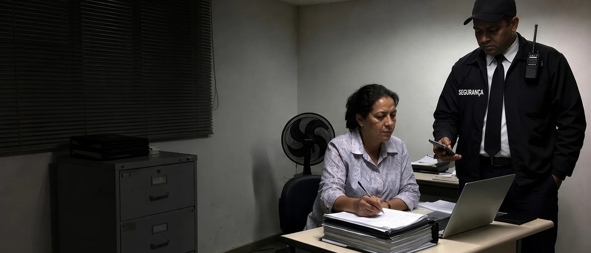 Sócia de uma nova empresa de segurança privada no Brasil revisando documentos de autorização junto ao primeiro vigilante