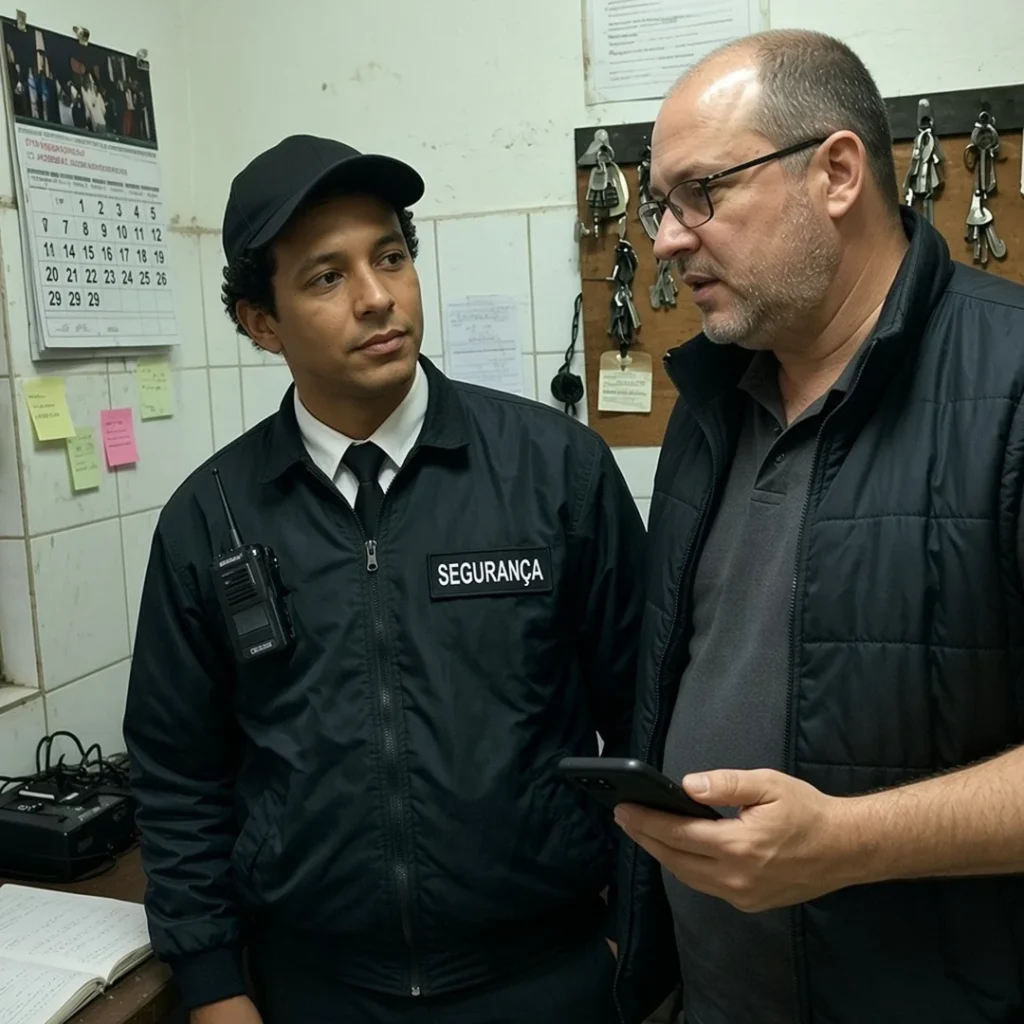 Vigilante e supervisor conversando na guarita no fim do turno da noite
