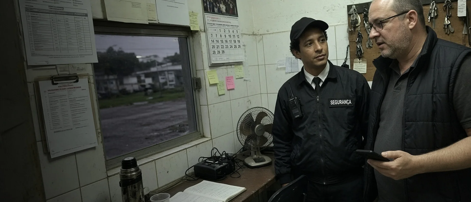Supervisor conversando com um vigilante na guarita durante a troca do turno noturno